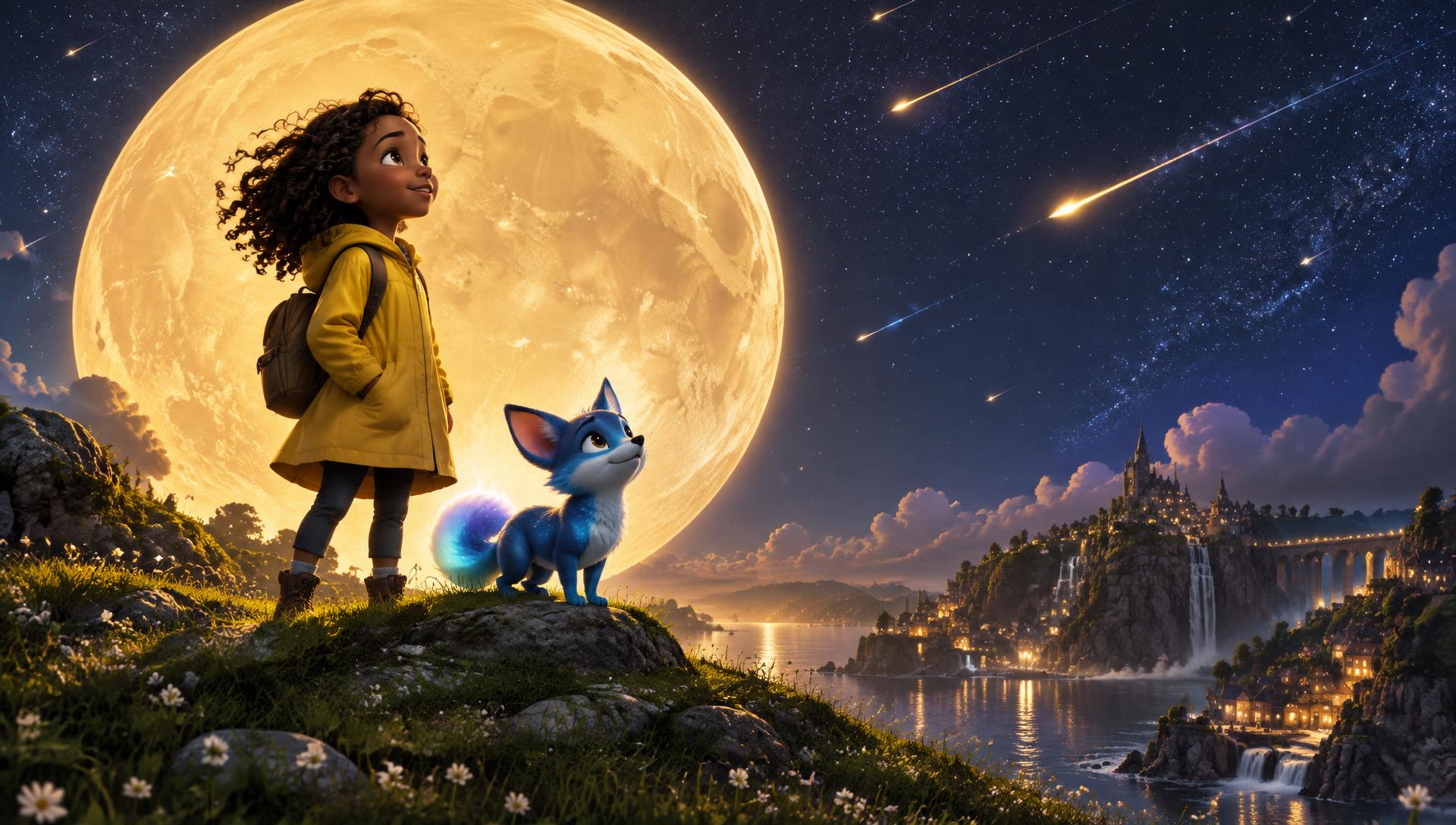 A young adventurer and her magical companion beneath a golden moon
